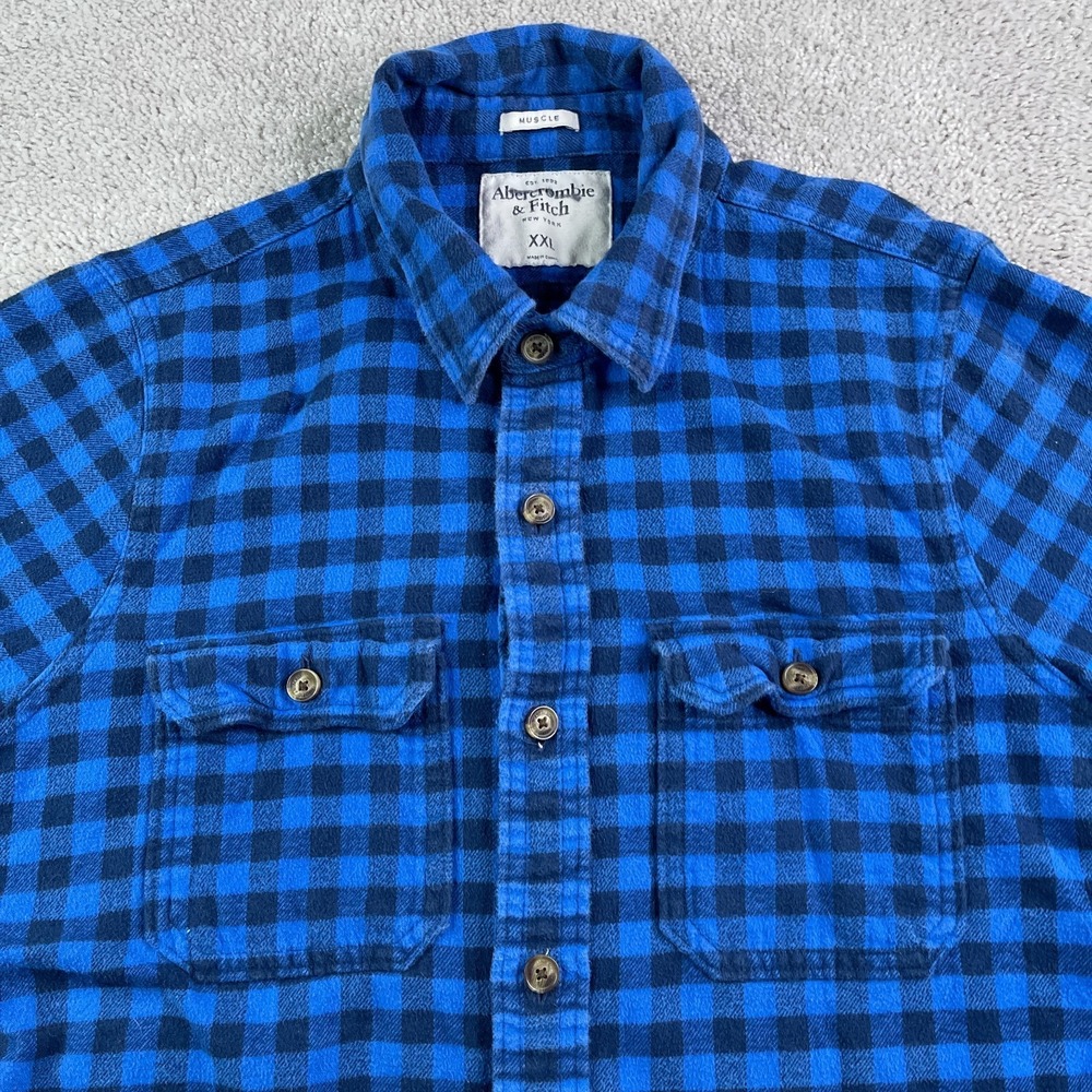 Abercrombie Fitch Shirt Mens 2XL XXL Blue Gingham Heavy Flannel Muscle Fit - Picture 3 of 13